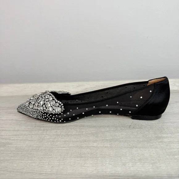 Badgley Mischka Quinn Crystal Embellished Pointed Toe Black Flats Size 8 - Picture 7 of 14